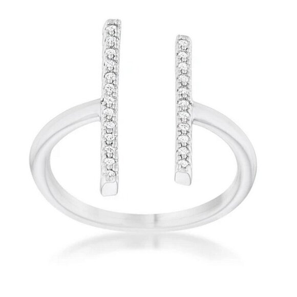 Wide Parallel Lines Open Band Cz Clear Cubic Zirconia Cross Silver Brass Ring 9 - Picture 2 of 7